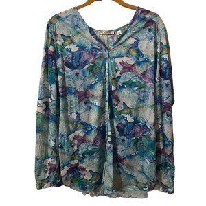 Sno Skins Women's XS Roll Tab Long Sleeve V-Neck Fish Blouse Blue Green Purple